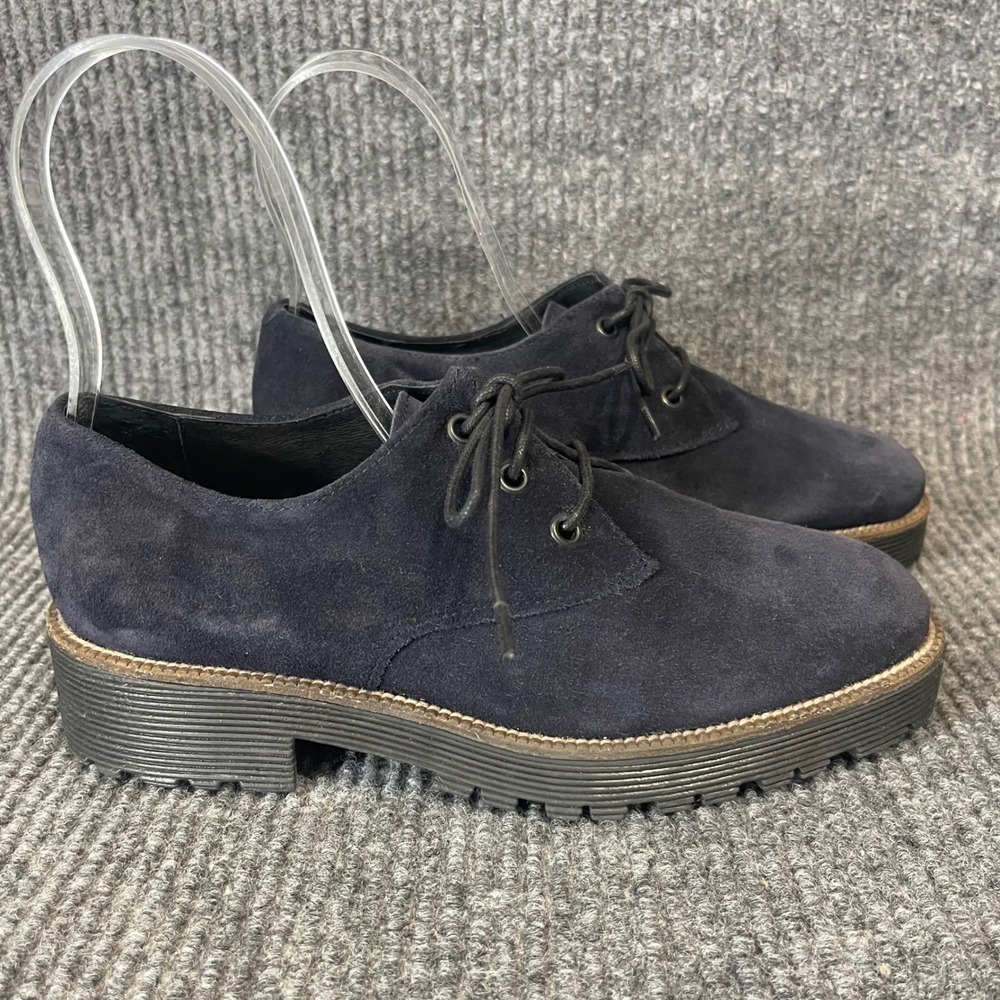 Shellys London Oxford Shoes Womens US 8.5 EU 39 Blue Suede Spain Lug Sole Grunge